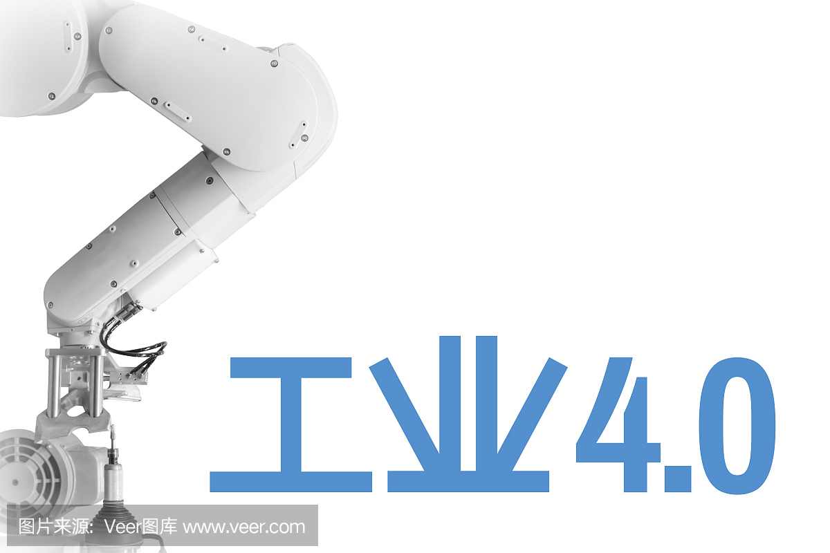 工业4.0机器人手臂和工业白色背景蓝色中文文本